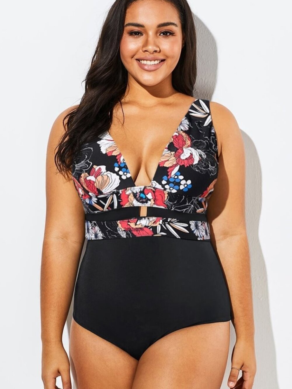 Meetcurve Floral Plunge One-Piece Swimsuit, Size 2XL